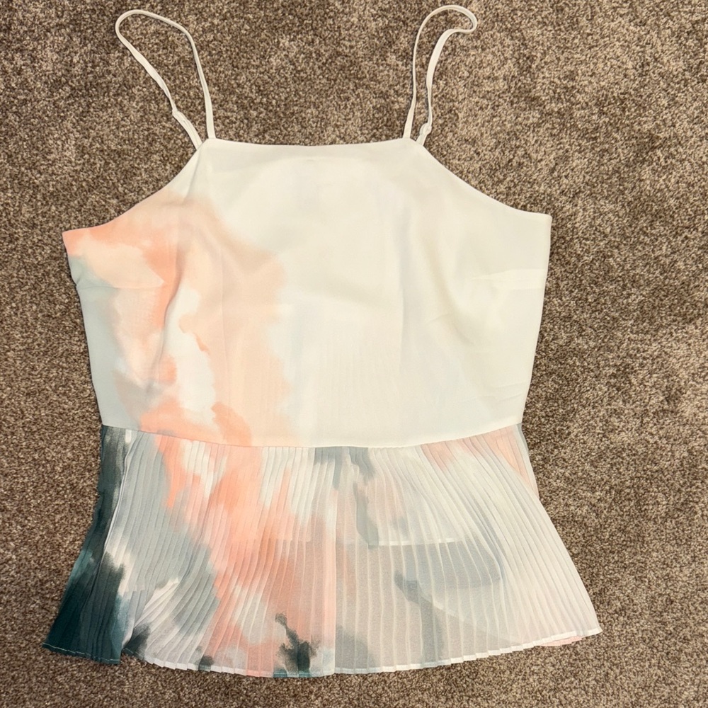 Nine West Women's White Spaghetti Strap Pleated Hem Tank Top - Watercolor Print